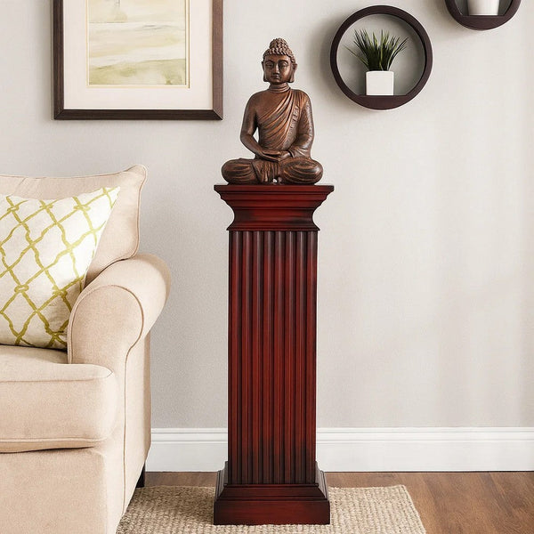 Square Shaped Column Pedestal with Reeded Design, Brown - BM215617