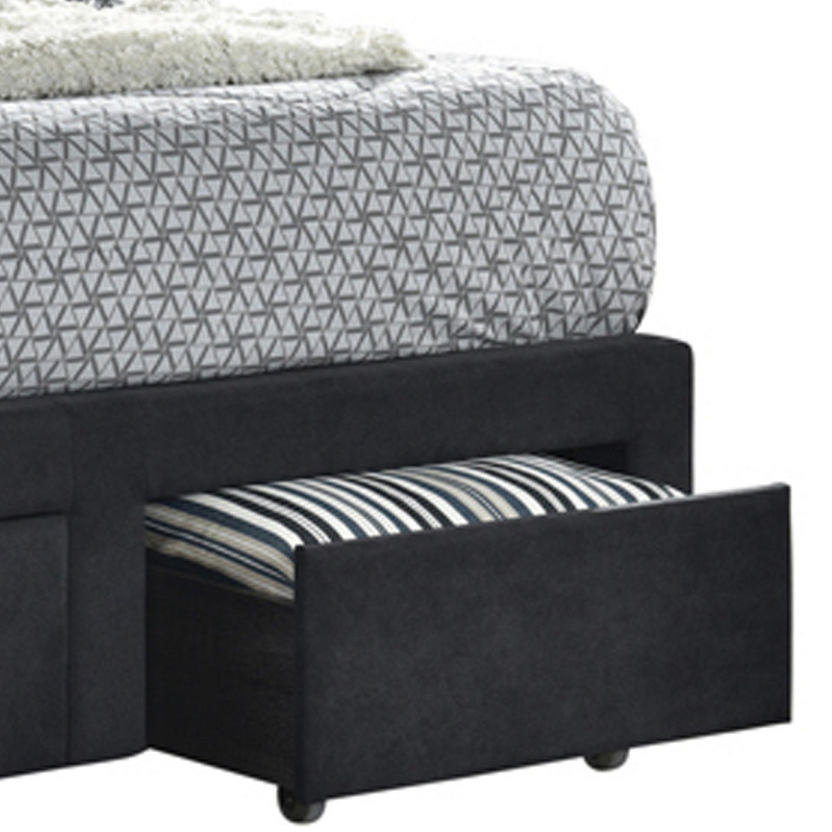 Fabric Upholstered Wooden Eastern King Size Bed with Bottom Drawers, Black