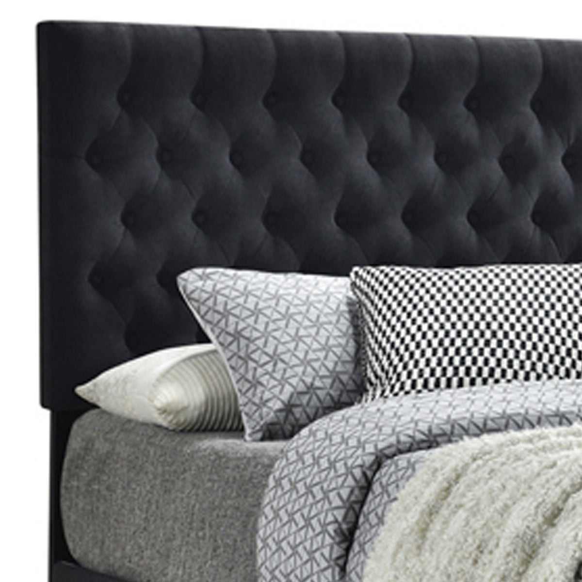Fabric Upholstered Wooden Eastern King Size Bed with Bottom Drawers, Black