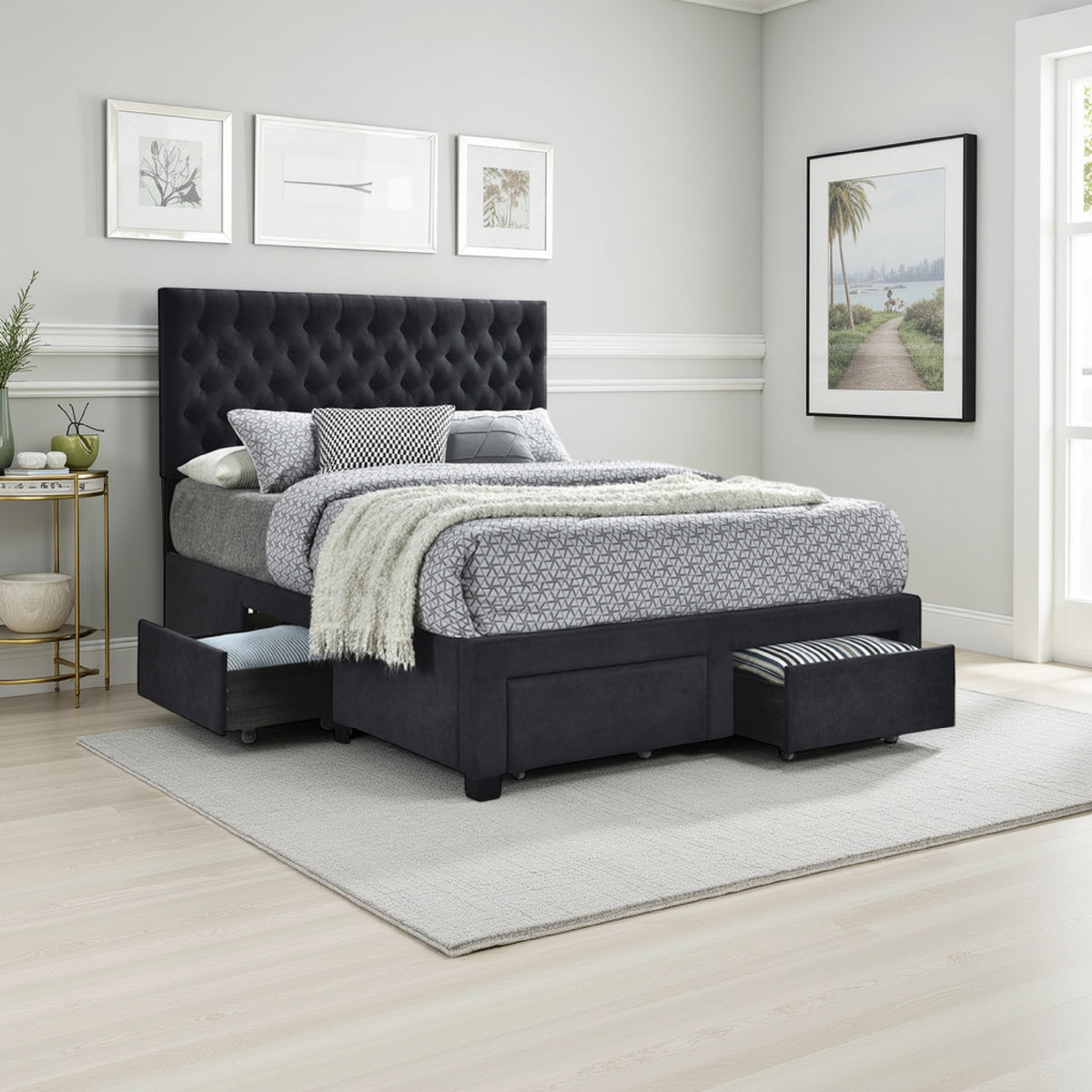 Fabric Upholstered Wooden Eastern King Size Bed with Bottom Drawers, Black