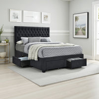 Fabric Upholstered Wooden Eastern King Size Bed with Bottom Drawers, Black