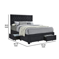 Fabric Upholstered Wooden Queen Size Bed with Bottom Drawers, Black