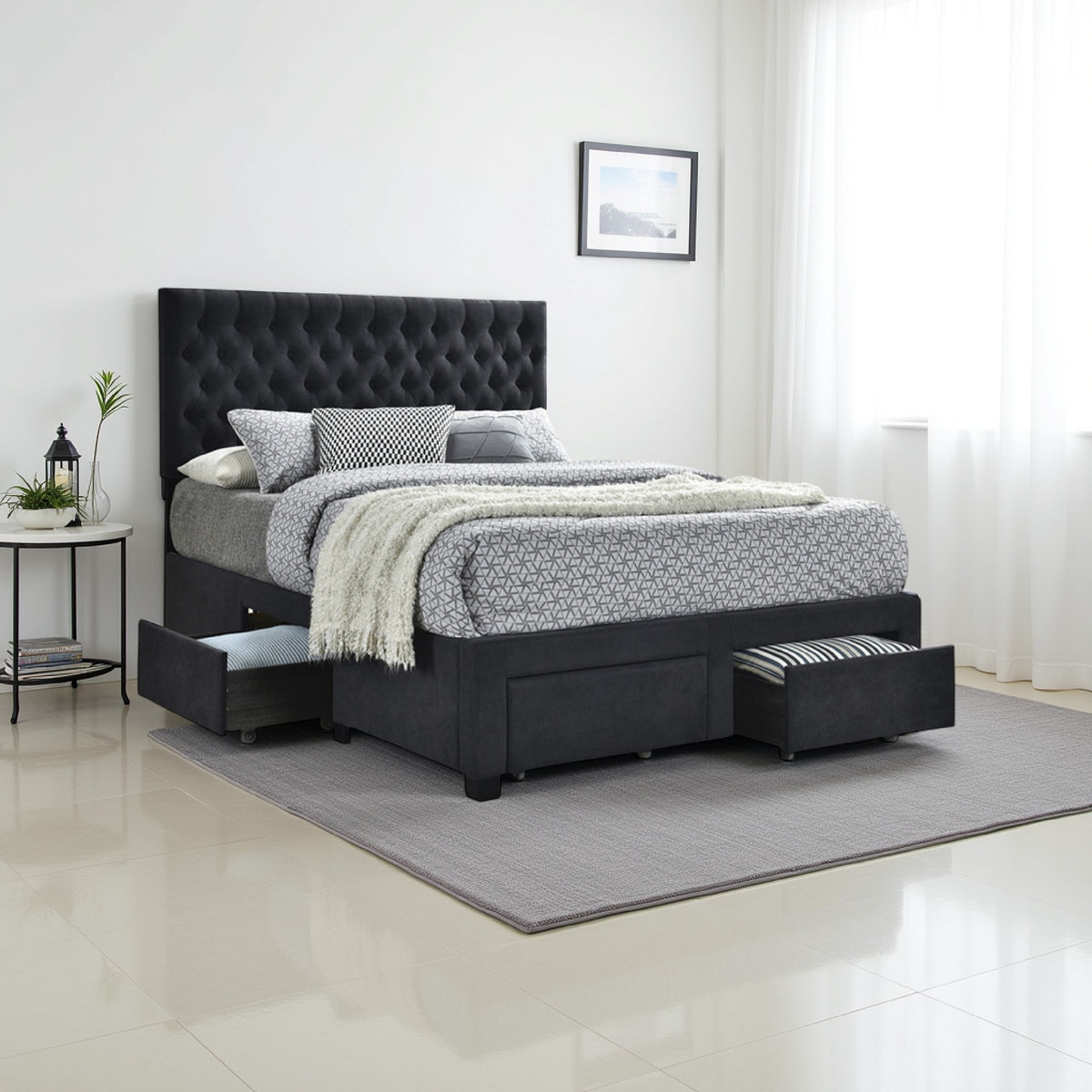 Fabric Upholstered Wooden Queen Size Bed with Bottom Drawers, Black