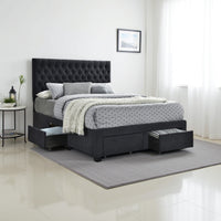 Fabric Upholstered Wooden Queen Size Bed with Bottom Drawers, Black
