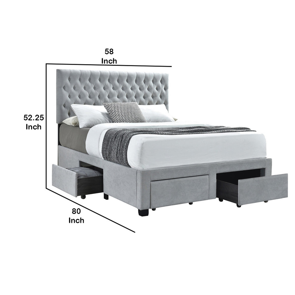 Fabric Upholstered Wooden Full Size Bed with Bottom Drawers, Gray