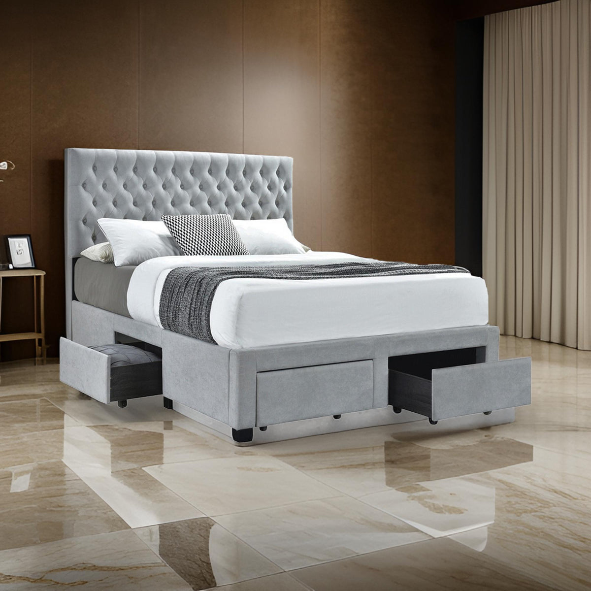 Fabric Upholstered Wooden Full Size Bed with Bottom Drawers, Gray