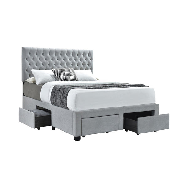 Fabric Upholstered Wooden Queen Size Bed with Bottom Drawers, Gray