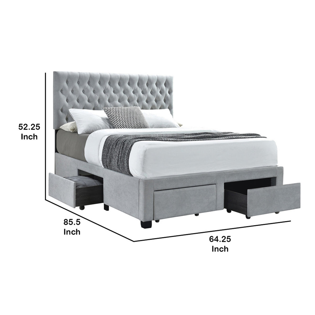 Fabric Upholstered Wooden Queen Size Bed with Bottom Drawers, Gray