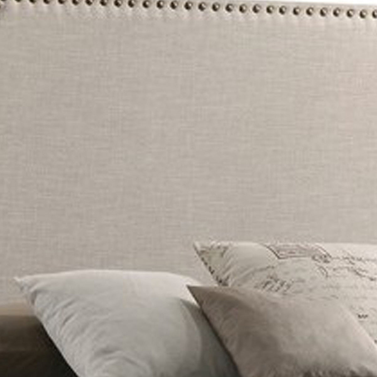 Fabric Upholstered Wooden Queen Size Bed with Nailhead Trims, Beige  - BM215886