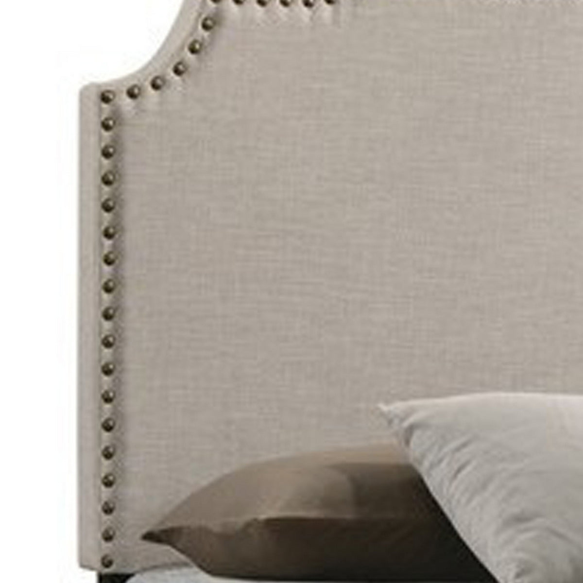 Fabric Upholstered Wooden Queen Size Bed with Nailhead Trims, Beige  - BM215886