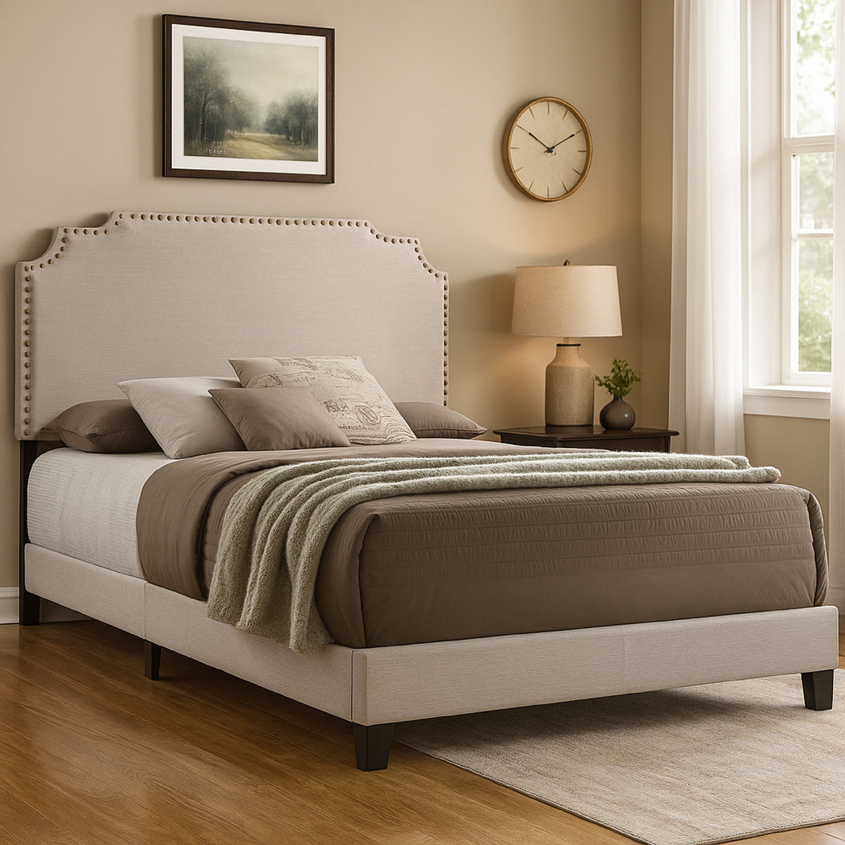 Fabric Upholstered Wooden Queen Size Bed with Nailhead Trims, Beige  - BM215886