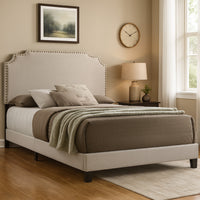 Fabric Upholstered Wooden Queen Size Bed with Nailhead Trims, Beige  - BM215886