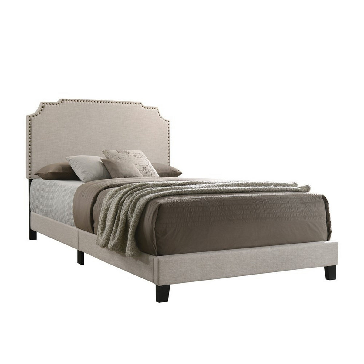 Fabric Upholstered Wooden Queen Size Bed with Nailhead Trims, Beige  - BM215886