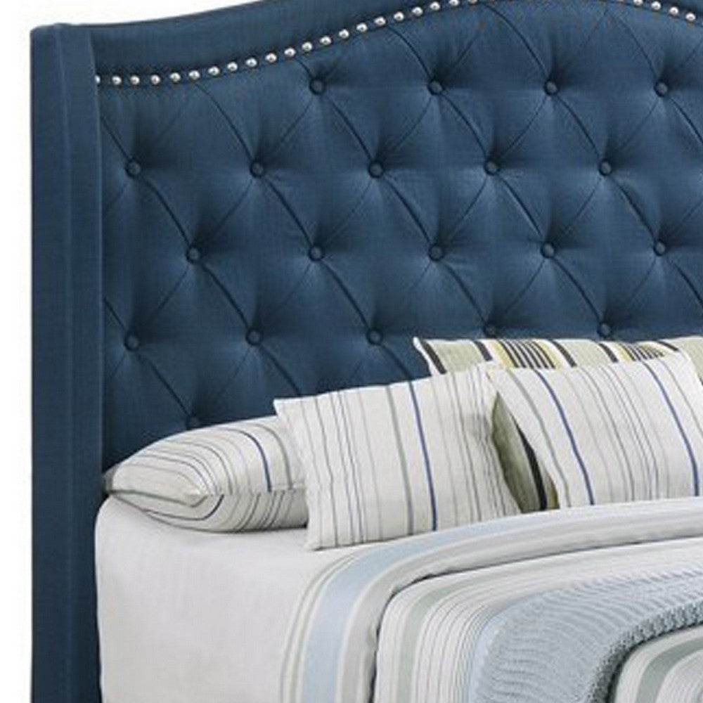 Fabric Upholstered Wooden Demi Wing Full Bed with Camelback Headboard, Blue - BM215890