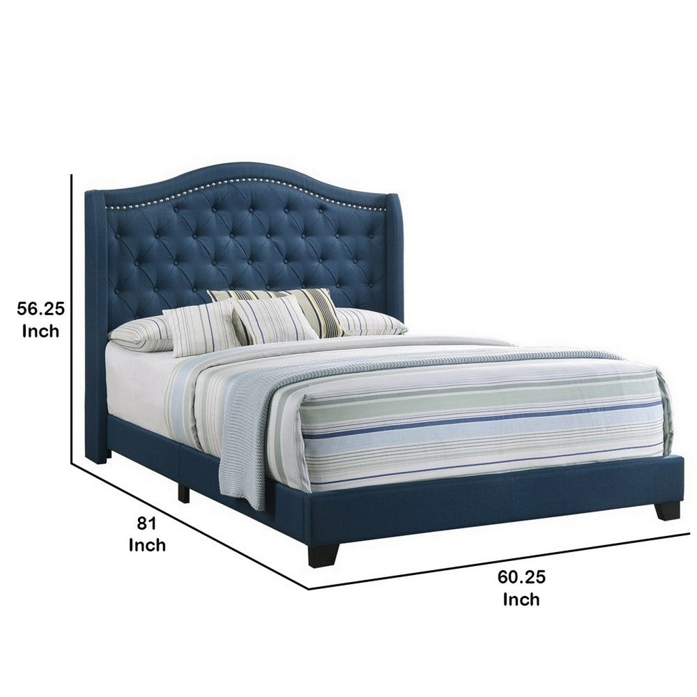 Fabric Upholstered Wooden Demi Wing Full Bed with Camelback Headboard, Blue - BM215890