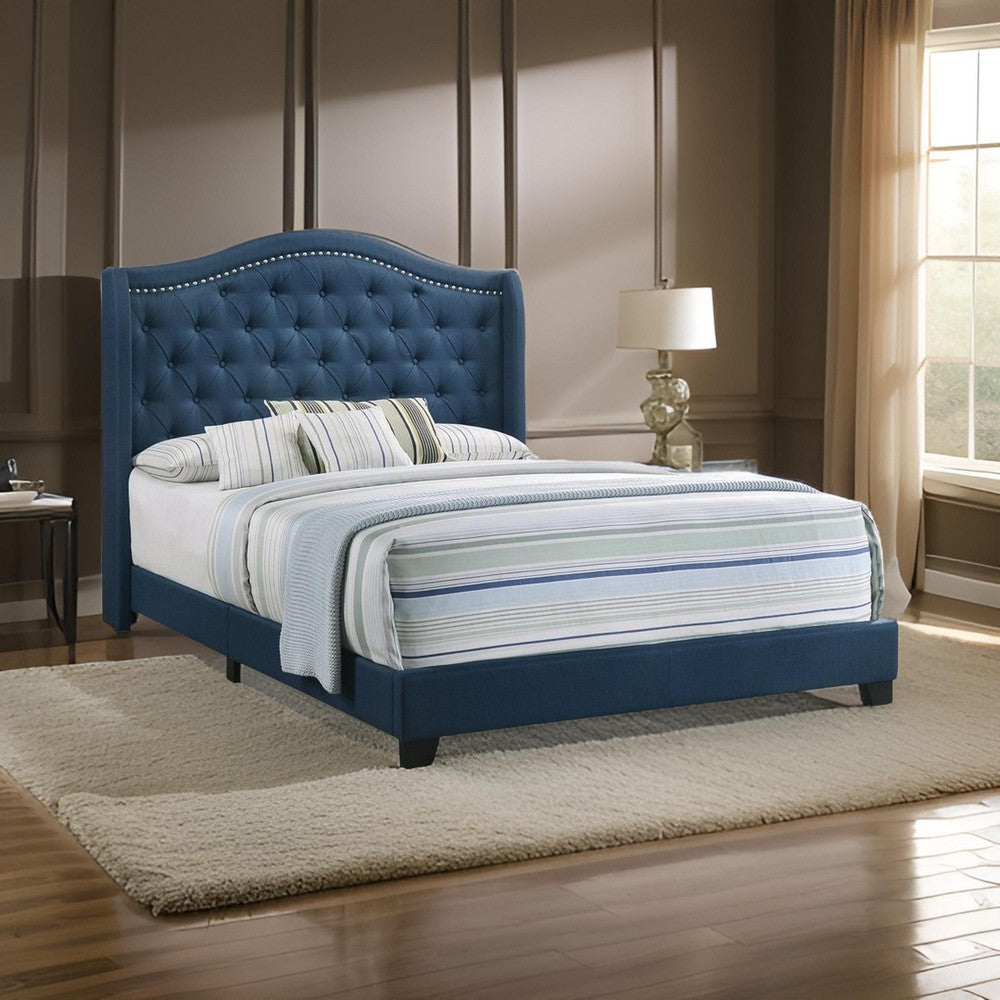 Fabric Upholstered Wooden Demi Wing Full Bed with Camelback Headboard, Blue - BM215890