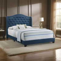 Fabric Upholstered Wooden Demi Wing Full Bed with Camelback Headboard, Blue - BM215890