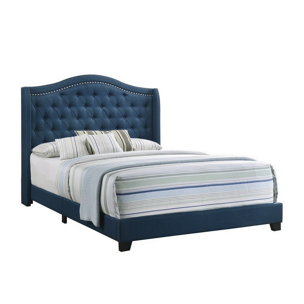 Fabric Upholstered Wooden Demi Wing Full Bed with Camelback Headboard, Blue - BM215890