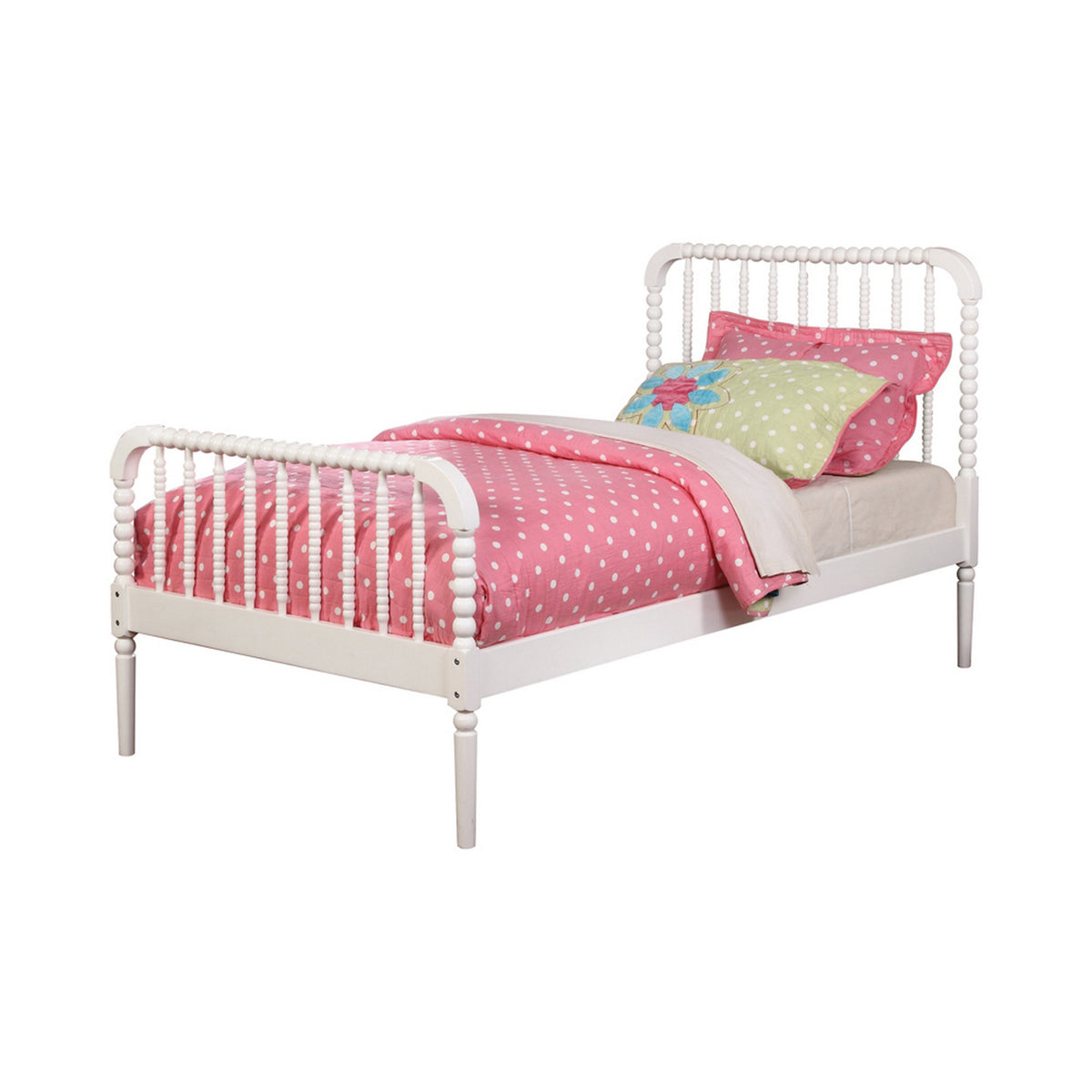 Wooden Twin Bed with Bobbin Style Slatted Headboard and Footboard, White