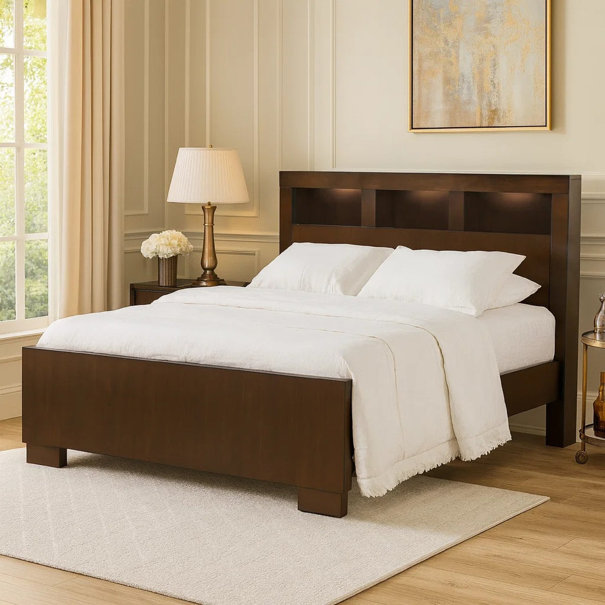 3 Open Bookcase Queen King Size Bed with Soft Light, Brown