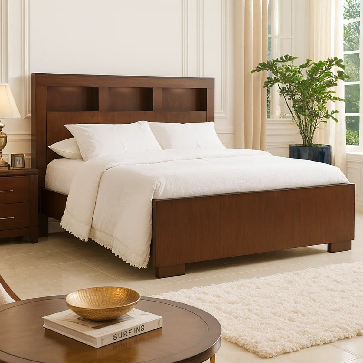 3 Open Bookcase Queen King Size Bed with Soft Light, Brown