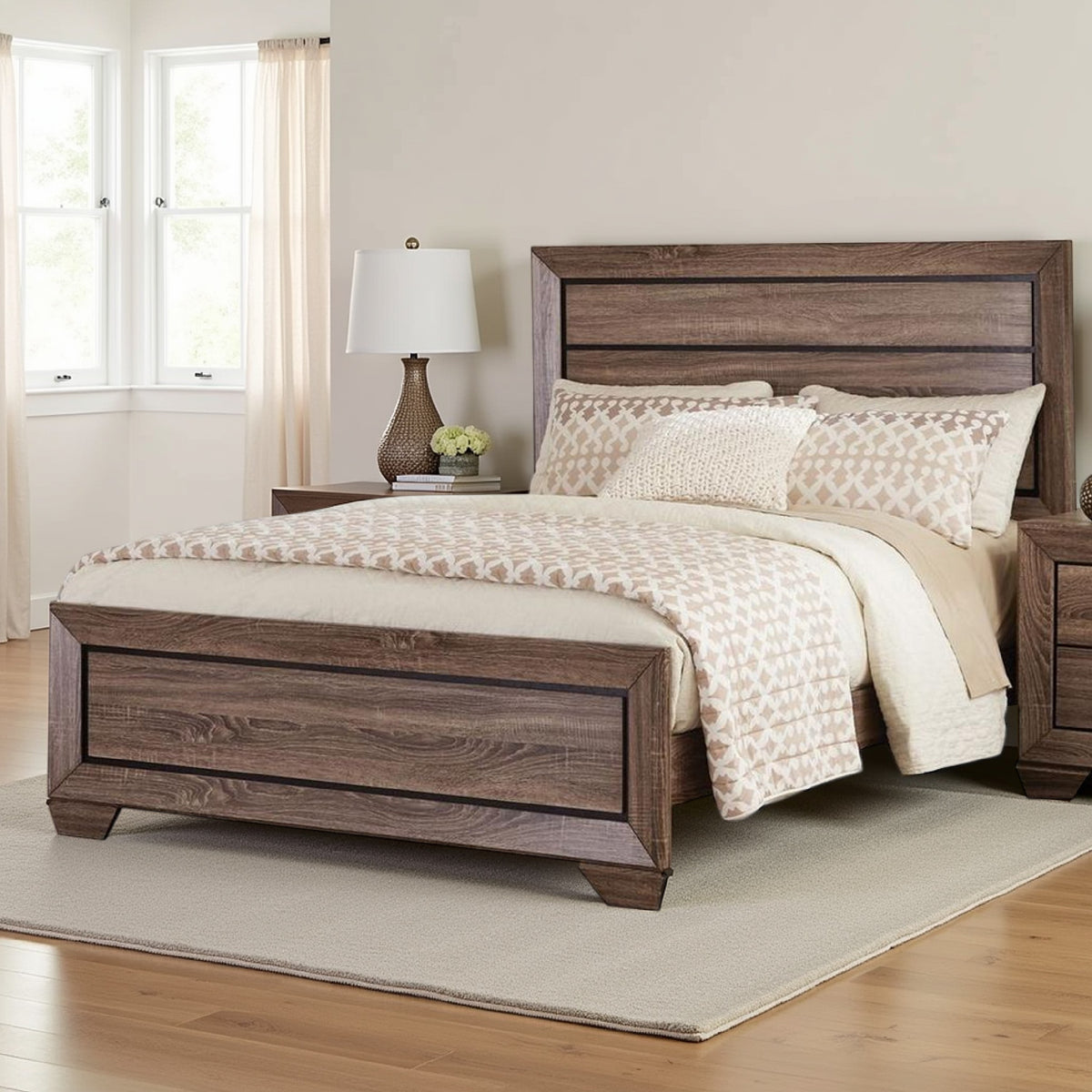 Transitional Style Queen Size Bed with Natural Grain Details, Brown