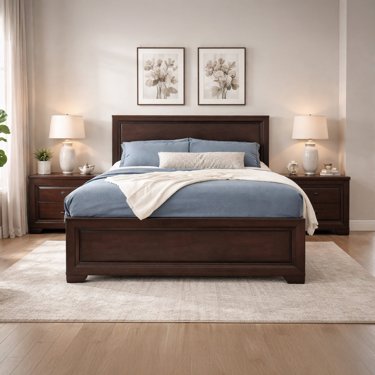 Queen Size Bed with Panel Headboard and Footboard, Cocoa Brown