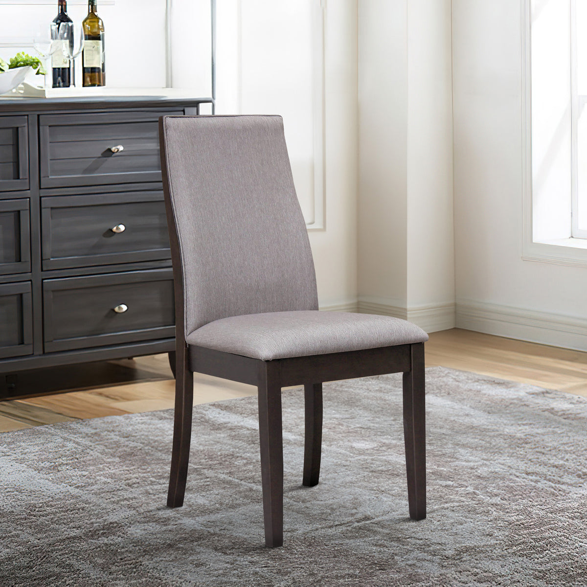 Fabric Upholstered Wooden Dining Chair, Set of 2, Gray and Brown  - BM215990