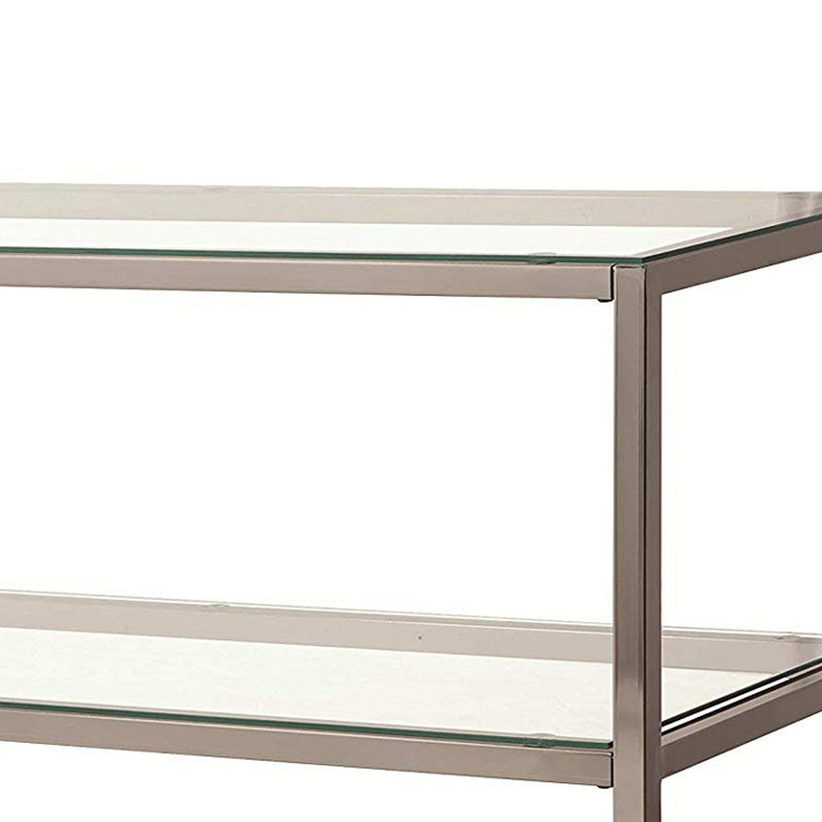 Glass and Metal Frame Sofa Table with 2 Open Shelves, Silver and Clear - BM216001