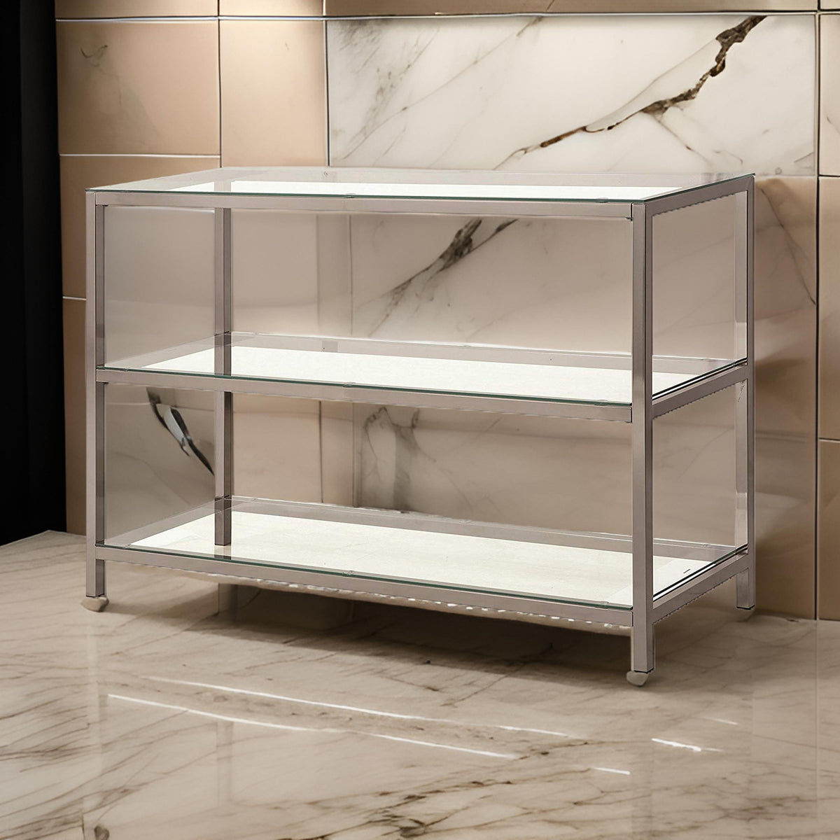 Glass and Metal Frame Sofa Table with 2 Open Shelves, Silver and Clear - BM216001