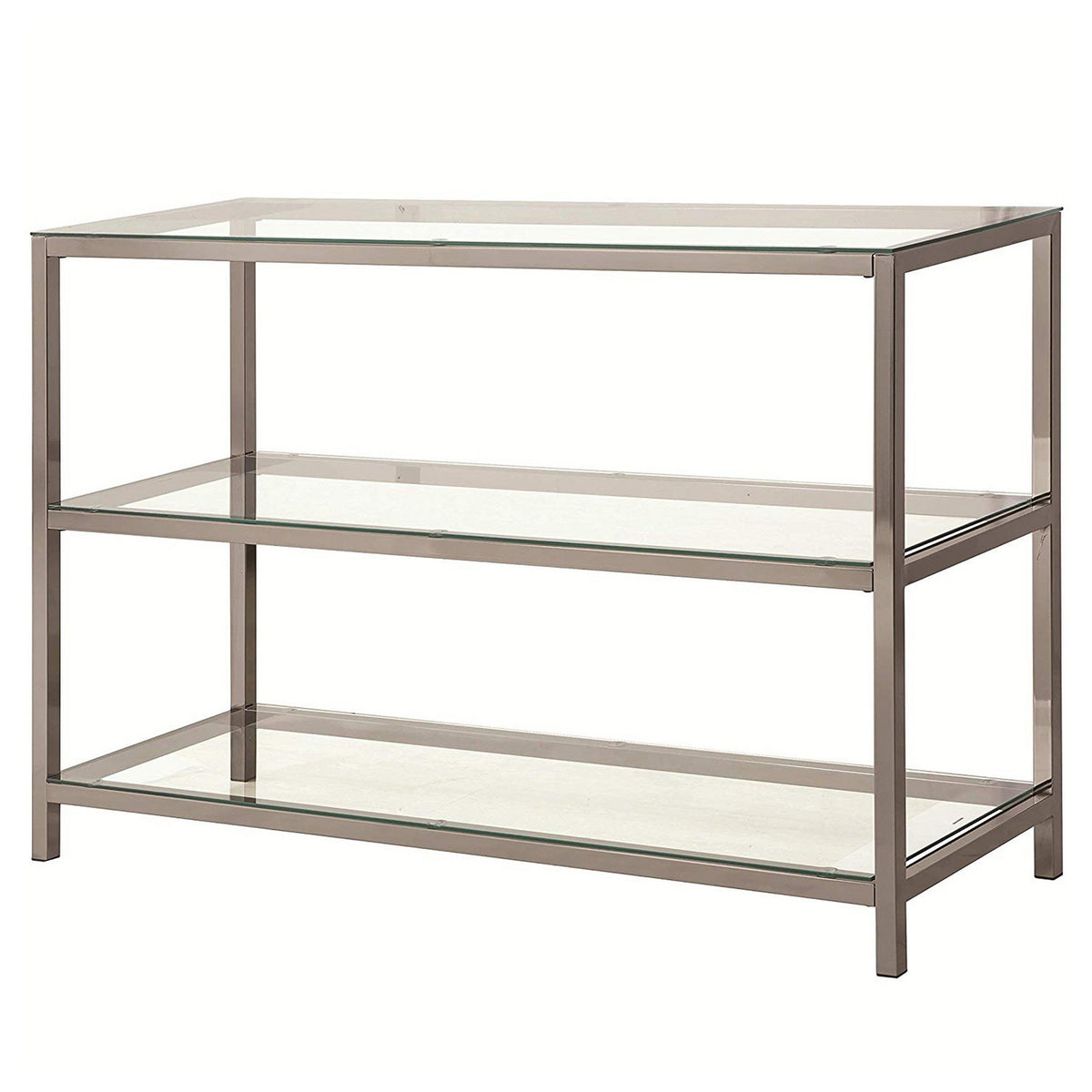 Glass and Metal Frame Sofa Table with 2 Open Shelves, Silver and Clear - BM216001