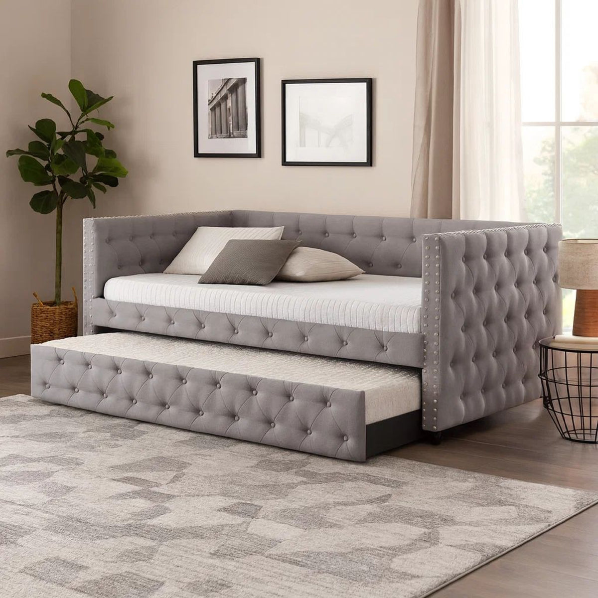 Fabric Upholstered Button Tufted Twin Daybed with Nailhead Trims, Gray
