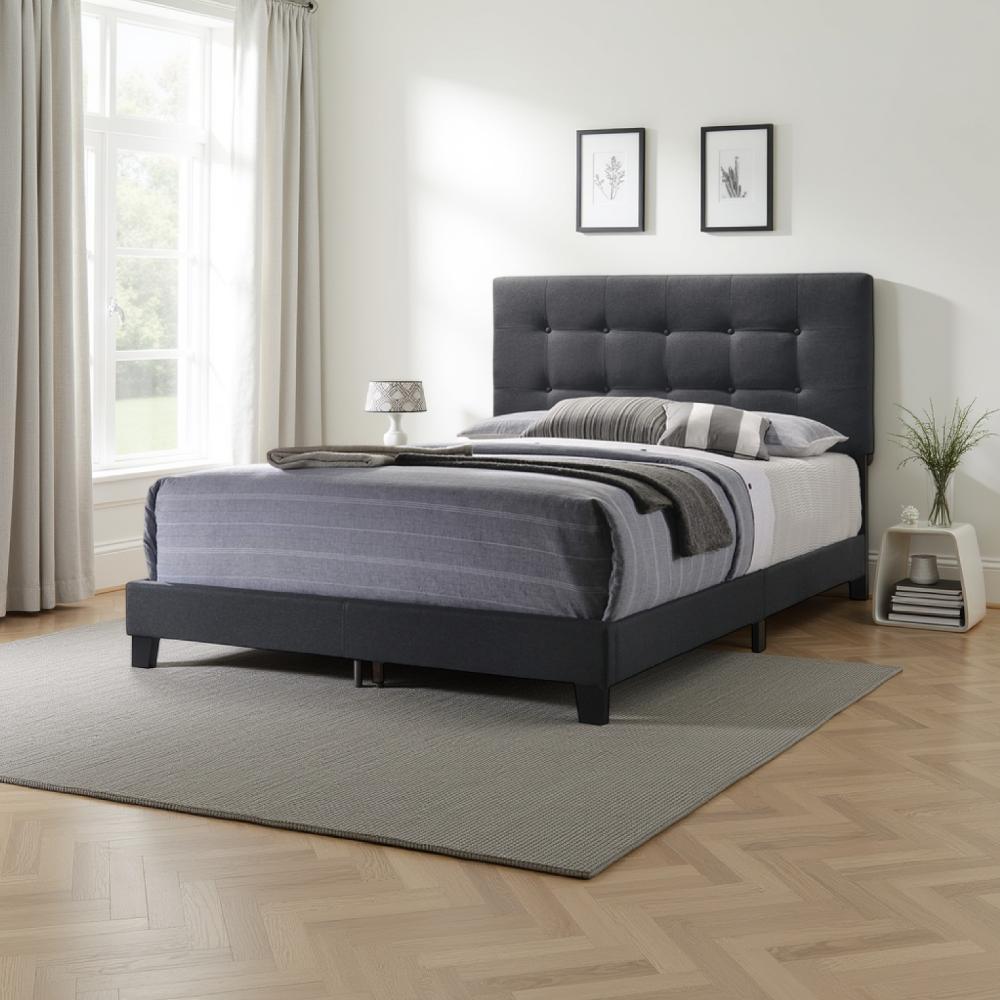 Queen Size Bed with Square Button Tufted Headboard, Dark Gray - BM216089