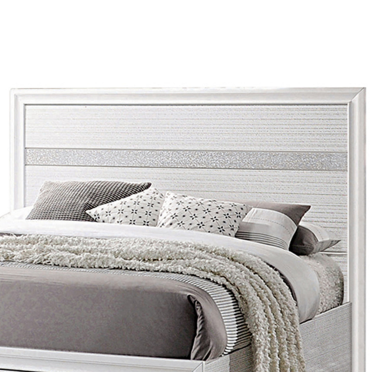 Contemporary Eastern King Bed with Drawers and Glittering Stripes, White