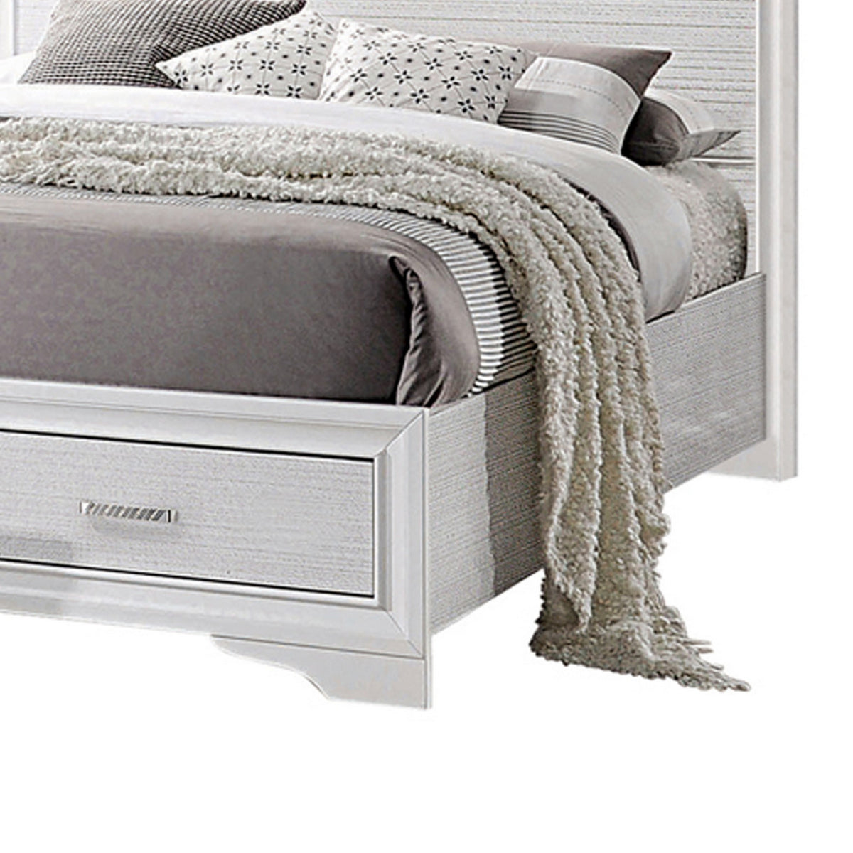 Contemporary Eastern King Bed with Drawers and Glittering Stripes, White