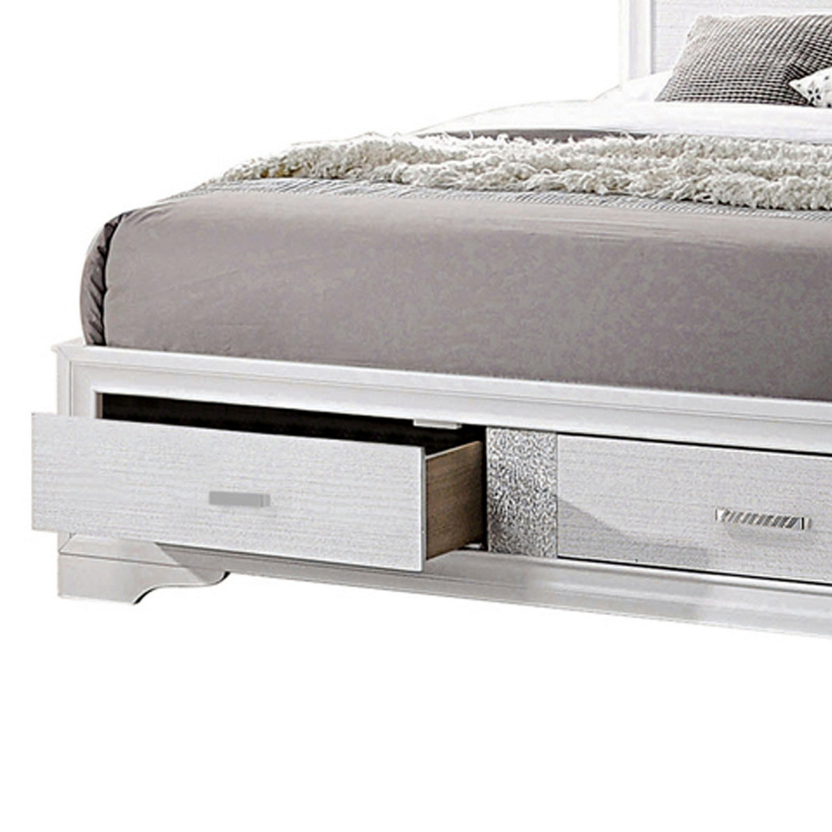 Contemporary Eastern King Bed with Drawers and Glittering Stripes, White