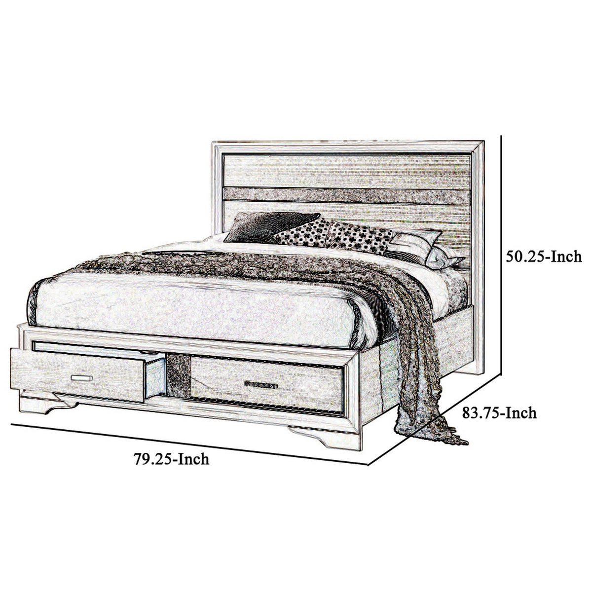 Contemporary Eastern King Bed with Drawers and Glittering Stripes, White