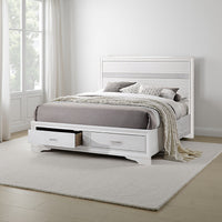 Contemporary Eastern King Bed with Drawers and Glittering Stripes, White