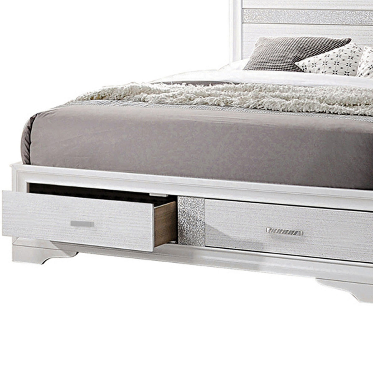 Contemporary Queen Bed with Drawers and Glittering Stripes, White