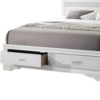Contemporary Queen Bed with Drawers and Glittering Stripes, White