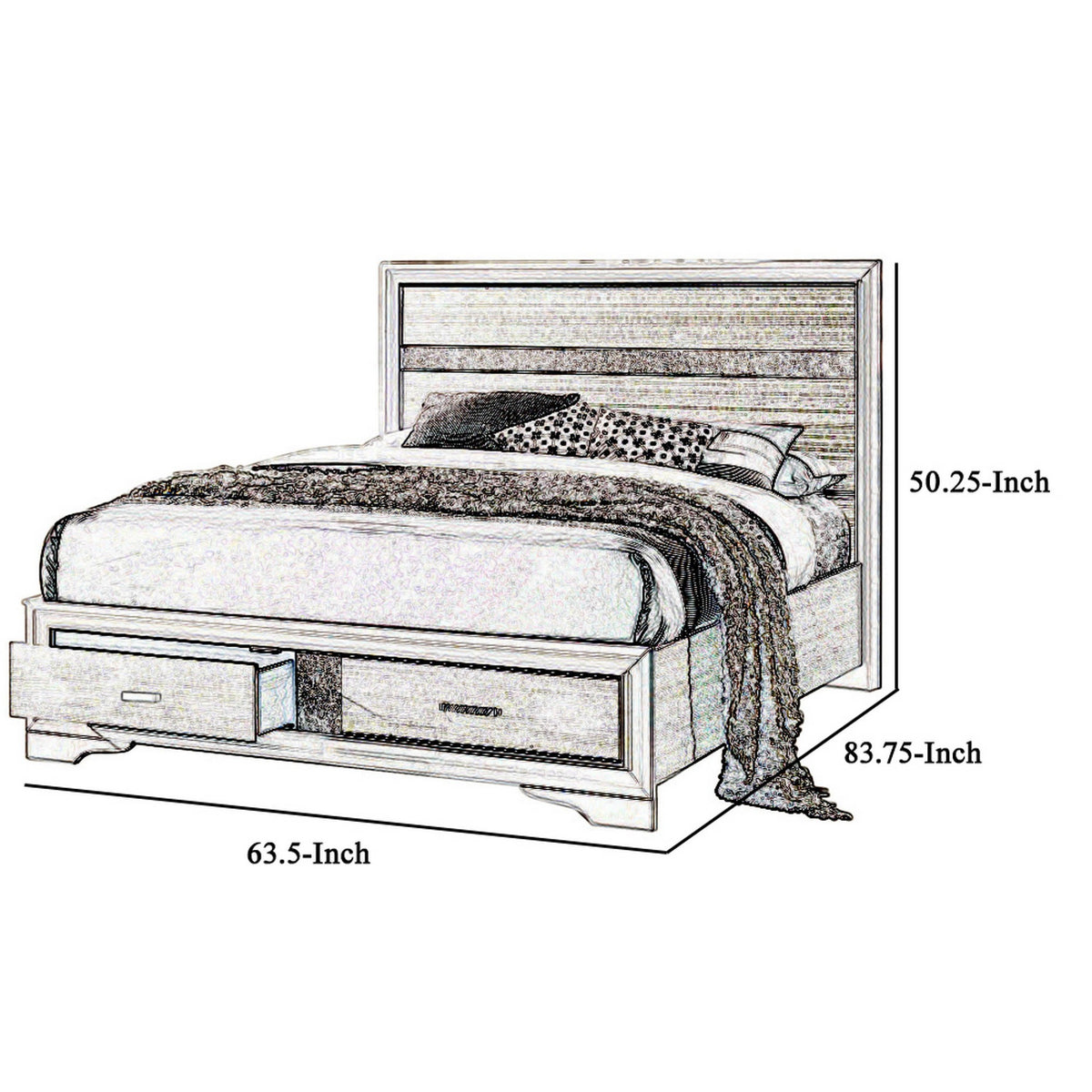 Contemporary Queen Bed with Drawers and Glittering Stripes, White