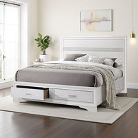 Contemporary Queen Bed with Drawers and Glittering Stripes, White