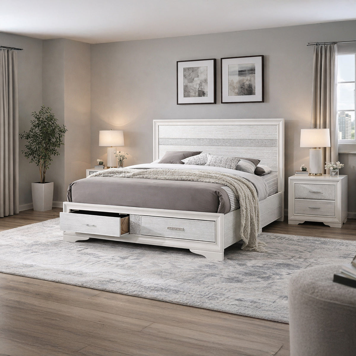 Contemporary Queen Bed with Drawers and Glittering Stripes, White