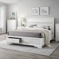 Contemporary Queen Bed with Drawers and Glittering Stripes, White