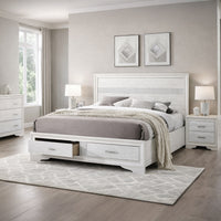 Contemporary Queen Bed with Drawers and Glittering Stripes, White