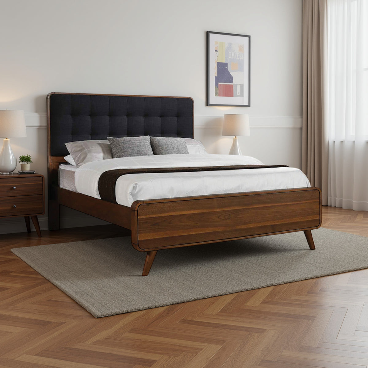 Platform Style Square Tufting Queen Bed with Rounded Corners,Brown and Gray