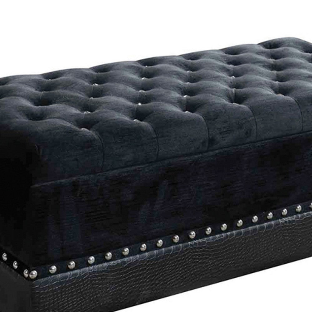 Leatherette Storage Bench with Nailhead Trims and Button Tufted Seat, Black - BM216194