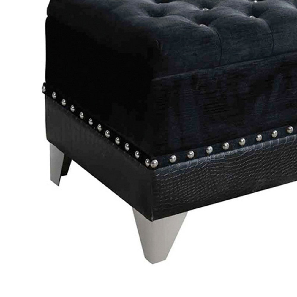 Leatherette Storage Bench with Nailhead Trims and Button Tufted Seat, Black - BM216194
