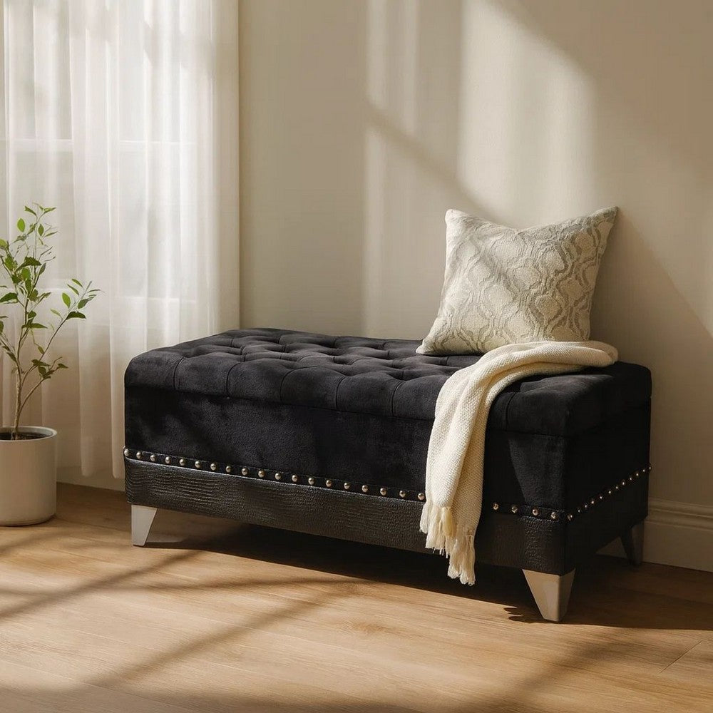 Leatherette Storage Bench with Nailhead Trims and Button Tufted Seat, Black - BM216194