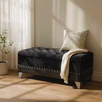Leatherette Storage Bench with Nailhead Trims and Button Tufted Seat, Black - BM216194